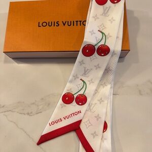 Louis Vuitton x Takashi Murakami Monogram Cerise silk bandeau scarf